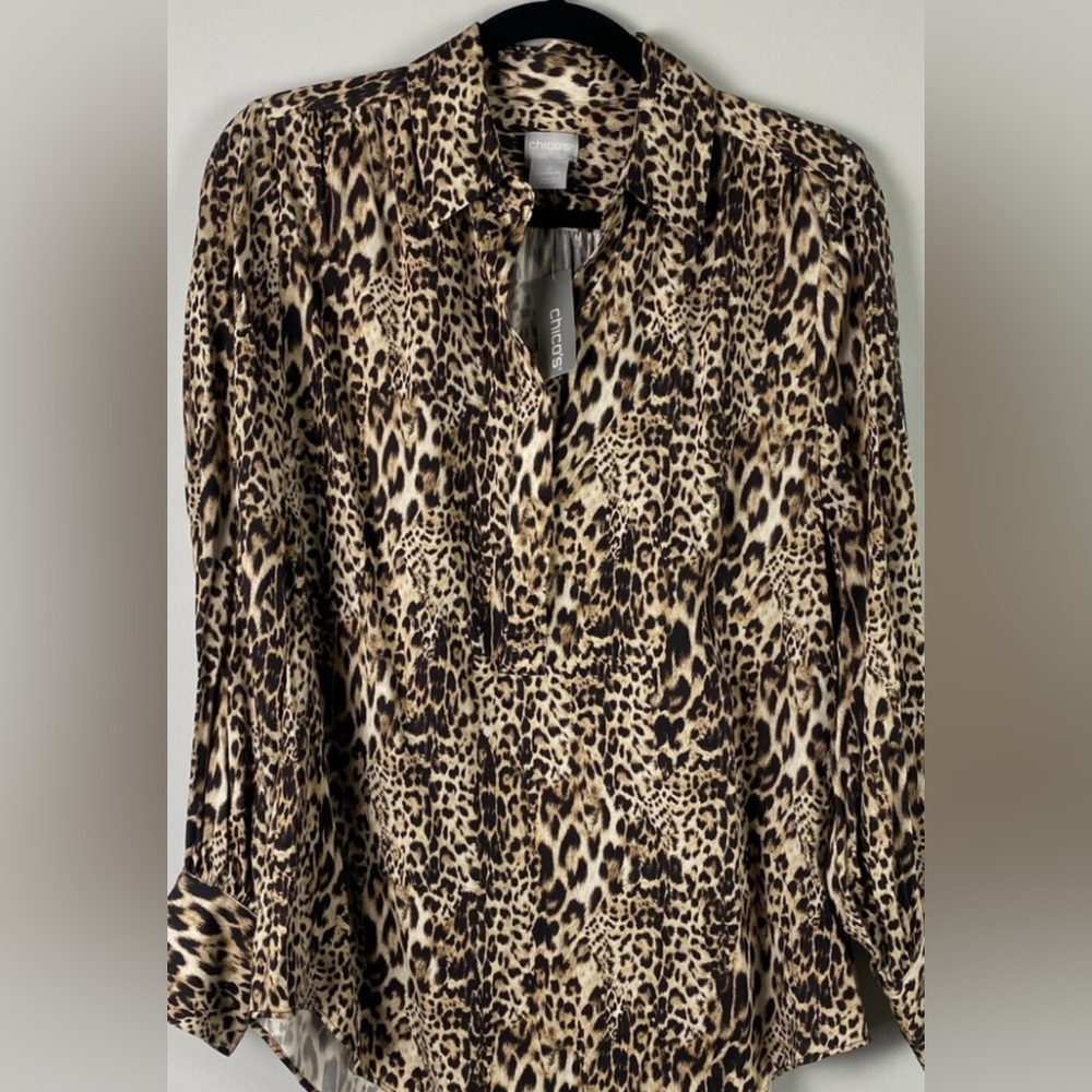 Chico's Brown and Black Relaxed Blouse with Notched Collar. Size 12-14